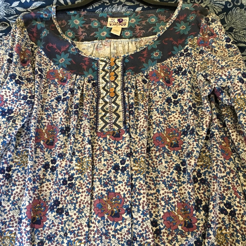 Lucky Brand Floral Yoke Tunic in Navy, Rust & Cream